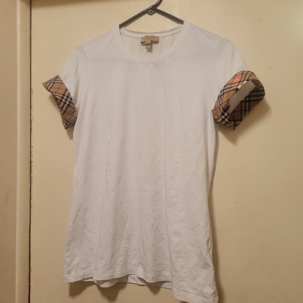 Burberry White Tee with Plaid Sleeve Details